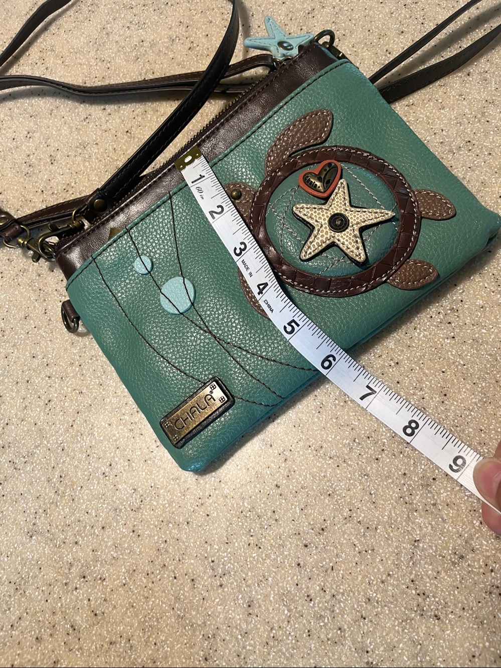 Chala green Crossbody Bag with Turtle Applique and Brown Strap - Picture 8 of 8